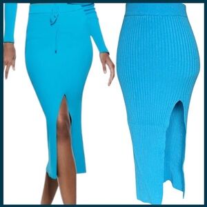 Turquoise Ribbed Elastic Waistband High Slit Pencil Skirt (XS-S)